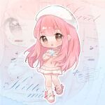  1girl :o bare_legs beret blue_background blunt_bangs bow bra_strap brown_eyes chibi chinese_commentary commentary_request cross-laced_shoes footwear_bow fur_hat gradient_background hat holding holding_snowflake jewelry knees lanlan_zhi_paopao light_blush light_particles long_hair long_sleeves looking_at_viewer miniskirt miracle_nikki multicolored_shoes necklace nikki_(nikki) nikki_(series) no_socks off-shoulder_sweater off_shoulder open_mouth orange_background outline pink_bow pink_hair pink_shoes pink_sweater pleated_skirt puffy_long_sleeves puffy_sleeves sample_watermark second-party_source shoes skirt snowflakes solo sparkling_eyes sweater tareme too_many_watermarks two-tone_shoes very_long_hair watermark white_hat white_outline white_shoes white_skirt winter_miracle_(miracle_nikki) zoom_layer 