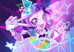  :d absurdres arm_up blue_pupils commentary fang from_above hand_up highres himitsu_no_aipri holding holding_microphone idol idol_clothes jacket looking_at_viewer mamiya_chii microphone music musical_note neon_lights pipo_(pipopipopo00) pretty_series purple_eyes purple_hair purple_jacket see-through_clothes see-through_skirt short_hair singing skirt sleeves_rolled_up smile standing star_(symbol) straight_hair v v-shaped_eyebrows 