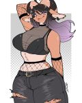 2_horns 4:5 absurd_res ahoge anthro big_breasts big_horn black_clothing black_hair black_hooves black_horn black_lipstick bottomwear breasts brown_horn clothing curled_horn ear_piercing ear_ring female fishnet_clothing fishnet_sleeves fur hair hand_behind_head hi_res hooves horn lipstick looking_at_viewer makeup mochimochiland moon_abani multicolored_body multicolored_fur multicolored_hair multicolored_horn piercing pink_eyes raised_arm ring_piercing simple_background sleeveless_shirt smile solo striped_horn stripes tail tan_hair torn_bottomwear torn_clothing translucent translucent_clothing translucent_topwear two_tone_body two_tone_fur two_tone_hair two_tone_horn