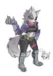 2025 5_fingers accessory anthro armor arms_bent belly_tuft belt big_eyes biped black_bottomwear black_clothing black_crop_top black_nose black_pants black_shirt black_topwear bottomwear breasts canid canine canis cheek_tuft circlet claws clothed clothed_anthro clothed_female clothing crop_top cropped_jacket crossgender curvy_figure digital_drawing_(artwork) digital_media_(artwork) disembodied_head duo ellipsis eyebrows eyeshadow facial_tuft female finger_claws fingerless_gloves fingers fluffy fluffy_tail fox fully_clothed fully_clothed_anthro fully_clothed_female fur fur_tuft glistening glistening_eyelids gloves greaves grey_belt grey_body grey_ears grey_eyebrows grey_fur grey_inner_ear_fluff grey_tail hair hair_accessory hairband handwear head_tuft high-angle_view humanoid_hands inner_ear_fluff iris jacket krystal_(star_fox) light_body light_fur looking_at_viewer makeup mammal medium_breasts midriff mouth_closed mtf_crossgender multicolored_body multicolored_fur nintendo oshirimarsh pants pink_scarf plantigrade pointy_ears pose prick_ears pupils purple_clothing purple_eyeshadow purple_gloves purple_handwear purple_jacket purple_topwear red_eyes scarf shirt short_hair shoulder_pads simple_background small_pupils snout solo_focus speech_bubble spiked_shoulder_pads spikes standing star_fox tail thick_thighs topwear tuft two_tone_body two_tone_fur white_background white_body white_claws white_fur white_speech_bubble wolf wolf_o&#039;donnell