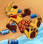 2025 3_toes anthro beach beastofeuthanasia beverage black_stripes bottomwear brown_clothing brown_gloves brown_handwear brown_pawpads cheek_tuft cigarette clothed clothed_anthro clothed_male clothing colored conjoined_eyes dasyuromorph digital_drawing_(artwork) digital_media_(artwork) drunk english_description facial_tuft fangs feet fur gloves green_eyes hair half-closed_eyes handwear hi_res holding_beer holding_beverage holding_cigarette holding_object kerchief light lighting lying male male_anthro mammal marsupial multicolored_body multicolored_fur narrowed_eyes neckerchief neckwear on_back open_mouth orange_body orange_fur orange_hair orange_tail outside partially_submerged pawpads pink_tongue recently_extinct_species red_bottomwear red_clothing red_kerchief red_neckerchief red_shorts sea shaded shirtless_anthro shirtless_male shorts solo striped_body striped_fur stripes substance_intoxication tail teeth thylacine toes tongue tuft two_tone_body two_tone_fur two_tone_tail ty_the_tasmanian_tiger ty_the_tasmanian_tiger_(series) water