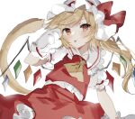  1girl :p animal_hands ascot bangs blonde_hair blush bow cat_tail center_frills closed_mouth cowboy_shot crystal eyebrows_visible_through_hair flandre_scarlet flat_chest frilled_shirt_collar frills from_below gloves hand_up hat hat_bow highres kemonomimi_mode looking_at_viewer mob_cap one_side_up paw_gloves puffy_short_sleeves puffy_sleeves red_bow red_eyes red_skirt red_vest short_hair short_sleeves simple_background skirt solo sorani_(kaeru0768) swept_bangs tail tongue tongue_out touhou vest white_background white_headwear wings yellow_ascot 