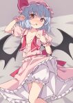  1girl :o arm_up bangs bat_wings bloomers blue_hair blush bow breasts commentary_request dress eyebrows_visible_through_hair fang feet_out_of_frame hands_up hat hat_bow highres looking_to_the_side mob_cap nose_blush on_bed open_mouth petticoat pink_dress pink_headwear puffy_short_sleeves puffy_sleeves red_bow red_eyes remilia_scarlet short_hair short_sleeves skin_fang small_breasts solo touhou toutou_(soyarrow) underwear wings wrist_cuffs 