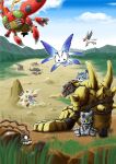  blue_fur body_fur botamon bug butterfly_wings commentary_request digimon digimon_(creature) dinosaur gaomon gokimon golemon gottsumon head_wings insect_wings monochrome morphomon multiple_wings nature official_art outdoors punching red_wings tentomon unicorn unimon wanyamon wings 