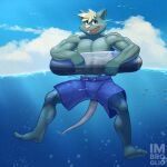 1:1 anthro beach blonde_hair bottomwear clothed clothing fur green_body green_fur hair imbroglio_24 looking_at_viewer male mammal murid murine muscular muscular_anthro muscular_male rat rodent smile smiley_face smiling_at_viewer solo swimming swimming_trunks swimwear tail teeth wide_eyed yellow_eyes