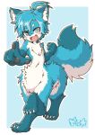  1boy :d acky acky_(character) ahoge animal_ear_fluff animal_ears animal_hands artist_self-insert bangs blue_background blue_eyes blue_fur blue_hair blush centauroid claws clenched_hand commentary eyebrows_visible_through_hair fang fox_boy fox_ears fox_tail full_body furry furry_male hair_between_eyes heterochromia highres looking_at_viewer male_focus navel open_mouth original outline parted_bangs pointing pointing_at_viewer short_hair signature slit_pupils smile snout solo standing_on_three_legs tail taur thick_eyebrows white_fur 