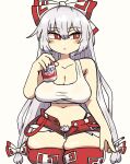  1girl adapted_costume alcohol beer blush bow breasts cigarette curvy fujiwara_no_mokou hair_bow highres holding holding_cigarette large_breasts long_hair notnoe_(dxcl) ofuda ofuda_on_clothes red_eyes red_shorts shirt short_shorts shorts simple_background skindentation solo suspenders sweat tank_top thighhighs touhou very_long_hair white_bow white_hair white_shirt white_tank_top wide_hips 