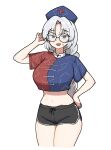  1girl adapted_costume bare_legs bespectacled black_shorts blue_eyes blue_shirt braid breasts casual cocktiel77 collared_shirt commentary_request constellation_print crop_top cropped_legs cropped_shirt cross dress glasses grey_hair hand_up hat korean_commentary large_breasts long_hair multicolored_dress navel nurse_cap open_mouth red_cross red_shirt round_eyewear shirt short_shorts shorts simple_background single_braid solo sweatdrop thighs touhou white_background yagokoro_eirin 