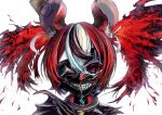  1girl absurdres animal_ears bangs black_hair black_sclera blood blue_eyes collar colored_sclera cosplay dice_hair_ornament hair_ornament hakos_baelz highres hololive hololive_english kaneki_ken kaneki_ken_(cosplay) liquid_hair mask mouse_ears mouse_girl multicolored_hair one_eye_covered portrait red_hair s_panda_k solo spiked_collar spikes streaked_hair tokyo_ghoul virtual_youtuber white_hair 