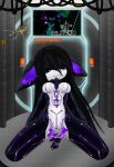 anthro black_body black_hair breasts cable chain chain_leash domestic_cat electricity electronics fan_character felid feline felis fur glowing glowing_eyes hair hi_res kneeling laboratory leash long_hair looking_at_viewer made_in_abyss mammal markings metal narehate navel purple_eyes silavos smile solo spread_legs spreading teeth television vrchat watermark white_body white_fur