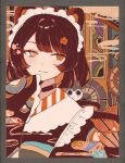  1girl :3 animal_ears animal_hair_ornament border brown_hair brown_kimono choker closed_mouth colored_inner_hair dog_ears flower frills grey_border hair_flower hair_ornament hand_to_own_mouth hand_up hashtag-only_commentary heterochromia inui_toko inui_toko_(1st_costume) japanese_clothes kimono light_smile long_hair looking_at_viewer maid_headdress multicolored_hair nijisanji oil-paper_umbrella orange_hair patterned_hair print_kimono red_eyes sleeves_past_fingers sleeves_past_wrists smoke solo two-tone_hair umbrella upper_body virtual_youtuber wasabi_natsume white_headdress yellow_eyes 