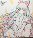  1girl arm_belt bloomers bow breasts collarbone commentary_request dated falling_feathers feathers fujiwara_no_mokou grey_hair hair_bow highres long_hair long_sleeves looking_at_viewer monety multiple_hair_bows naked_shirt open_clothes open_shirt orange_feathers red_eyes shikishi shirt signature sitting solo touhou traditional_media very_long_hair white_bloomers white_shirt 