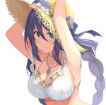  1girl :o armpits arms_up bangs bare_arms bare_shoulders bikini blush bow braid breasts cleavage flower hair_between_eyes hat hat_bow hat_flower highres jewelry kurai_masaru large_breasts long_hair looking_at_viewer necklace open_mouth princess_connect! purple_eyes purple_hair shizuru_(princess_connect!) solo straw_hat sun_hat swimsuit upper_body white_bikini yellow_flower 