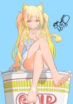  1girl animal_ears barefoot blonde_hair blue_background brown_eyes cat_ears cat_girl cat_tail commentary convenient_leg crossed_legs cup_ramen feet full_body highres holding holding_towel long_hair noodle_stopper original simple_background sitting smile solo tail toes totomoto towel 