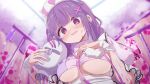  1girl @_@ bandages blood blood_bag blood_on_clothes blood_on_face blurry blurry_background blush breasts commission ear_piercing earrings frills hair_ornament hat heart heart-shaped_pupils highres holding indoors intravenous_drip jewelry large_breasts long_hair looking_at_viewer multicolored_hair nurse nurse_cap open_mouth original piercing pink_blood puffy_sleeves purple_eyes purple_hair shiro9jira short_sleeves skeb_commission smile solo streaked_hair symbol-shaped_pupils underboob upper_body wrist_cuffs x_hair_ornament yandere 