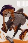  1girl braid bucket_hat earrings flip-flops full_body glint grey_background grey_sweater hat highres holding holding_weapon hoop_earrings hwtr_06 ink inkling inkling_girl inkling_player_character jewelry long_hair orange_hair paint parted_lips pointy_ears print_hat purple_hat s-blast_(splatoon) sandals single_braid single_earring sleeves_past_wrists solo splatoon_(series) splatoon_3 sweater tentacle_hair weapon yellow_eyes 