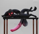 animal_genitalia animal_penis balls big_balls big_penis black_balls black_body black_fur black_hair black_nose black_tail blep bodily_fluids dinwar dripping equine_genitalia equine_penis fur genital_fluids genitals hair hi_res hobkin huge_balls huge_penis hyper hyper_balls hyper_genitalia hyper_penis kvnpoulsen looking_at_viewer lying_on_table message_board penis precum precum_drip red_eyes smug smug_expression smug_face tail tongue tongue_out
