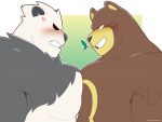  2boys animal_ears bara bear_boy bear_ears black_fur blush brown_fur eye_contact from_side fross2art furry furry_male furry_with_furry grin highres large_pectorals looking_at_another male_focus mint multiple_boys muscular muscular_male panda_boy panda_ears pangoro pectoral_docking pectoral_press pectorals personification pokemon pokemon_(creature) smile upper_body ursaring white_fur yaoi 