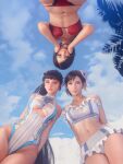  3d 3girls ada_wong beach bikini black_hair breasts brown_eyes eve_(stellar_blade) final_fantasy final_fantasy_vii final_fantasy_vii_remake flower from_below hair_flower hair_ornament hands_on_own_face highres long_hair looking_at_viewer midriff multiple_girls one-piece_swimsuit ponytail red_bikini red_eyes resident_evil resident_evil_4 shift_up short_hair sky sreliata stellar_blade swimsuit thighs tifa_lockhart white_bikini white_one-piece_swimsuit 