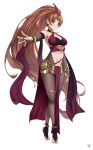  1girl 2ndeminence absurdly_long_hair alternate_costume anklet armpits bangs barefoot big_hair black_legwear blush bodystocking bracelet breasts bridal_gauntlets choker circlet cleavage commentary cosplay dorothea_arnault dorothea_arnault_(cosplay) emerald_(gemstone) english_commentary fire_emblem fire_emblem:_mystery_of_the_emblem fire_emblem:_three_houses fire_emblem_heroes full_body gold_choker halterneck highres hip_armor jewelry linde_(fire_emblem) linea_alba long_hair looking_at_viewer medium_breasts navel official_alternate_costume outstretched_arm pantyhose pelvic_curtain ponytail red_sash sash shadow signature simple_background solo thigh_strap thighs tiptoes two-tone_bikini very_long_hair watermark white_background 