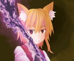  1girl animal_ear_fluff animal_ears asymmetrical_hair bangs black_necktie blonde_hair brown_background brown_eyes brown_vest closed_mouth collared_shirt commentary_request cookie_(touhou) eyebrows_visible_through_hair fox_ears fox_girl fox_tail hair_between_eyes holding holding_pole looking_at_viewer medium_hair miramikaru_riran necktie pole shirt sidelocks smile solo tail upper_body vest white_shirt yan_pai 