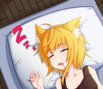  1girl ahoge animal_ear_fluff animal_ears asymmetrical_hair bangs black_camisole blonde_hair breasts camisole cleavage commentary_request cookie_(touhou) drooling eyebrows_visible_through_hair fox_ears fox_girl half-closed_eyes medium_hair miramikaru_riran open_mouth pillow red_eyes sidelocks sleeping sleeping_with_eyes_open small_breasts solo upper_body upturned_eyes waking_up wooden_floor yan_pai zzz 