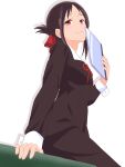  1girl black_dress black_hair breasts closed_mouth commentary dress folded_ponytail hand_up highres holding holding_notebook kaguya-sama_wa_kokurasetai_~tensai-tachi_no_renai_zunousen~ maou_(ajtdmw369) neck_ribbon notebook red_eyes red_ribbon ribbon school_uniform shinomiya_kaguya shuuchiin_academy_school_uniform simple_background sitting small_breasts smile solo white_background 
