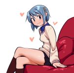  1girl black_skirt blue_eyes blue_hair blue_shirt commentary couch english_commentary gloamy hair_ornament hairclip heart highres looking_at_viewer mahou_shoujo_madoka_magica mahou_shoujo_madoka_magica_(anime) miki_sayaka miniskirt on_couch shirt short_hair sitting skirt solo sweater thighs 