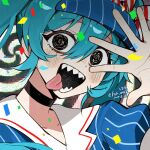  :d arm_up black_choker blue_hat blush bow choker collarbone collared_dress confetti crazy crazy_eyes dated diagonal-striped_bow dress hair_between_eyes hashtag-only_commentary hat hat_bow hatsune_miku looking_at_viewer mesmerizer_(vocaloid) open_mouth pinstripe_dress pinstripe_hat pinstripe_pattern portrait puffy_short_sleeves puffy_sleeves qiancaofu red_bow sailor_collar sharp_teeth short_sleeves smile solid_circle_eyes spiral_background squiggle_eyes teeth tongue tongue_out two-tone_bow vocaloid white_bow white_sailor_collar 