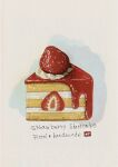  artist_name cake cake_slice commentary food food_focus food_name fruit highres no_humans original pistol_handmade_(artist) simple_background still_life strawberry strawberry_shortcake sweets traditional_media whipped_cream 