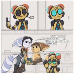 anthro bite_mark bite_mark_on_chest blood blush bodily_fluids boots clothed clothing comic cybernetic_arm cybernetic_limb dialogue english_text eyes_closed eyewear eyewear_on_head female fluffy fluffy_tail footwear fur furniture gloves goggles goggles_on_head group hair handwear hi_res kit_(ratchet_and_clank) kitchen lombax machine male male/female mammal markings pink_nose ratchet_(ratchet_and_clank) ratchet_and_clank ring_(marking) ringed_tail rivet_(ratchet_and_clank) robot scarf shoes sony_corporation sony_interactive_entertainment striped_markings striped_tail stripes table tail tail_markings text time_fluffy500 topless trio white_body white_fur white_hair yellow_body yellow_fur