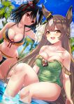  2girls :d absurdres animal_ears bikini black_hair blue_sky blush bow braid breasts brown_hair cleavage cloud collarbone commentary day dutch_angle eyebrows_visible_through_hair green_sweater hair_bow hair_ornament herohero_(higashi_no_dou) highres horse_ears horse_girl horse_tail kitasan_black_(umamusume) kneeling large_breasts long_hair looking_at_viewer multiple_girls navel off-shoulder_one-piece_swimsuit off_shoulder open_mouth orange_bikini outdoors red_bow red_eyes satono_diamond_(umamusume) sky smile soaking_feet split_mouth sweater swimsuit tail teeth umamusume very_long_hair yellow_eyes 