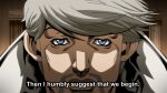  1boy araki_hirohiko_(style) blue_eyes closed_mouth facial_hair fake_screenshot goatee grandguerrilla grey_hair high_collar jojo_no_kimyou_na_bouken looking_at_viewer male_focus official_style portrait ringo_roadagain solo steel_ball_run subtitled twitter_username 