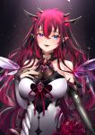  1girl absurdres bangs blue_eyes breasts commentary demon_horns english_commentary hair_between_eyes heterochromia highres hololive hololive_english horns irys_(hololive) large_breasts long_hair looking_at_viewer nyctea_snow open_mouth pointy_ears purple_eyes red_hair smile solo virtual_youtuber 