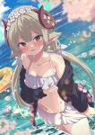  1girl absurdres animal_ears bare_shoulders bikini bikini_skirt black_jacket blonde_hair blue_sky blurry blurry_foreground blush breasts brown_eyes cherry_blossoms cleavage cloud collarbone commission cowboy_shot curled_horns day depth_of_field dutch_angle floral_print flower frilled_bikini frills hair_between_eyes hair_flower hair_ornament hair_ribbon halterneck head_wreath highres holding holding_swim_ring horizon horns innertube jacket lens_flare long_hair long_sleeves looking_at_viewer low_twintails navel ocean off_shoulder open_clothes open_jacket open_mouth original outdoors petals pink_flower print_bikini raised_eyebrows ribbon sheep_ears sheep_girl sheep_horns shiro9jira sidelocks skeb_commission sky small_breasts solo standing stomach swim_ring swimsuit tsunomaki_watame twintails very_long_hair wading water wet white_bikini white_flower white_ribbon yellow_eyes 