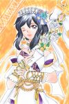  1girl airseden bridal_veil bride candlestand choker dress earrings fire_emblem fire_emblem:_genealogy_of_the_holy_war fire_emblem_heroes flower hair_flower hair_ornament highres holding holding_weapon jewelry larcei_(bride_of_astra)_(fire_emblem) larcei_(fire_emblem) looking_at_viewer marker_(medium) official_alternate_costume one_eye_closed rose sidelocks smile solo strapless strapless_dress tiara traditional_media vambraces veil weapon wedding wedding_dress white_dress white_flower white_rose 