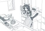  1girl animal_ears apron bow carrot chopsticks cutting_board ear_covers greyscale holding holding_knife horse_ears horse_girl horse_tail indoors king_halo_(umamusume) kitchen knife lettuce long_hair microwave monochrome one_side_up pot puffy_short_sleeves puffy_sleeves school_uniform short_sleeves sink skirt solo spatula stove sweatdrop taguchi_kenji_(omaep) tail tail_raised tracen_school_uniform umamusume window wok 