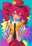  :d alternate_costume aqua_background black_necktie blue_background blush collared_shirt confetti drill_hair gloves hair_between_eyes hands_up hat head_tilt highres kasane_teto kepi long_hair looking_at_viewer mesmerizer_(vocaloid) military_hat mmiacchi necktie open_mouth pants pink_background red_eyes red_hat red_pants shirt sleeves_rolled_up smile smiley_hat_ornament star-shaped_pupils star_(symbol) striped_clothes striped_shirt suspenders symbol-shaped_pupils twin_drills utau wing_collar yellow_background yellow_gloves 