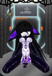 anthro black_body black_hair breasts cable cervix chain chain_leash clitois domestic_cat electricity electronics fan_character felid feline felis female fur genitals glowing glowing_eyes hair hi_res imminent_sex kneeling laboratory leash long_hair looking_at_viewer made_in_abyss mammal markings metal narehate navel nippel presenting purple_eyes silavos smile solo spread_legs spread_vulva spreading teeth television vrchat vulva watermark white_body white_fur