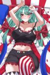  1girl absurdres arms_up black_shorts black_tank_top bow breasts cleavage closed_mouth collarbone crop_top green_eyes green_hair hair_bow hair_ornament heart heart_hair_ornament heterochromia highres indie_virtual_youtuber long_hair midriff mira_mayheme mismatched_thighhighs multicolored_hair navel pillow red_bow red_eyes red_thighhighs second-party_source shorts solo star_(symbol) star_hair_ornament streaked_hair striped_clothes striped_thighhighs tank_top thighhighs two-tone_thighhighs virtual_youtuber white_bow white_hair white_thighhighs yobi_(ybpac18) 