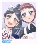  2girls apron aqua_eyes artist_name black_dress black_hair blue_jacket blunt_bangs brown_eyes brown_hair commentary_request dress hair_ribbon hazuki_ren highres jacket light_blush long_hair looking_at_viewer love_live! love_live!_superstar!! maid multiple_girls nagatsuki_chihoru neck_ribbon open_mouth pointing ponytail purikura red_ribbon ribbon saya_(love_live!) school_uniform shirt short_hair smile white_apron white_ribbon white_shirt yuigaoka_school_uniform 