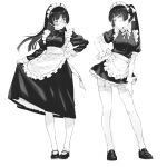  2girls apron blush bow bowtie collared_shirt contrapposto dress frilled_apron frills garter_straps glasses gloves gokou_ruri greyscale hand_on_own_hip highres jewelry lace-trimmed_thighhighs lace_trim loafers long_hair long_sleeves looking_to_the_side maid maid_headdress miniskirt monochrome multiple_girls necklace ore_no_imouto_ga_konna_ni_kawaii_wake_ga_nai petticoat ponytail puffy_short_sleeves puffy_sleeves rhinth shirt shoes short_sleeves shy simple_background skirt sleeve_cuffs thighhighs waist_apron white_background wrist_cuffs 