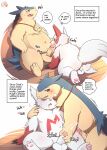 absurd_res anthro balls barazoku bodily_fluids comic cum cum_in_mouth cum_inside ejaculation english_text generation_2_pokemon generation_3_pokemon genital_fluids genitals hi_res kneeling kneeling_on_ground male male/male male_penetrating masturbation nintendo oral orgasm orgasm_face overweight overweight_anthro overweight_male penetration pokemon pokemon_(species) precum risenpaw sitting sitting_on_ground text tongue typhlosion zangoose