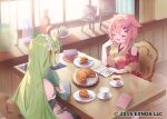  2girls :d ahoge apple_pie bare_shoulders black_thighhighs book breasts brown_kimono chair closed_eyes clothing_cutout cosmos_(flower_knight_girl) cup day dress floral_print flower flower_knight_girl food fork green_dress green_hair hair_between_eyes hair_flaps hair_flower hair_ornament hairclip indoors japanese_clothes kimono large_breasts long_hair long_sleeves mint_(flower_knight_girl) multiple_girls official_art on_chair open_book pie pie_slice pink_flower pink_hair plate print_kimono saucer shoulder_cutout sideboob sitting small_breasts smile sunlight table teacup thighhighs umeko_machi very_long_hair wide_sleeves window wooden_floor 