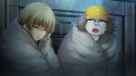  1boy 1girl 2015 amane_suzuha amane_suzuha_(beta) baseball_cap black_jacket blue_jacket blue_track_suit braid brown_hair collared_shirt constricted_pupils cropped_jacket depressed fat fat_man father_and_daughter frown fur_blanket game_cg green_eyes green_shirt hair_rings hashida_itaru hat high_collar highres huke indoors jacket jacket_over_jacket leather leather_jacket looking_at_another looking_down midriff non-web_source official_art open_collar open_mouth ringed_eyes shaded_face shirt steins;gate steins;gate_0 surprised talking tongue track_jacket track_suit twin_braids twintails wrapped_in_blanket yellow_eyes yellow_hat 