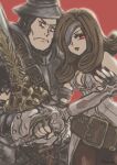  1boy 1girl adelbert_steiner armor beatrix_(ff9) belt breasts brown_hair chainmail eyepatch final_fantasy final_fantasy_ix gloves hat highres holding holding_sword holding_weapon knight long_hair open_mouth plate_armor red_background red_eyes sword u5apy0n weapon 