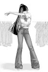  1girl barefoot bell-bottoms belt colored_inner_hair covering_own_mouth full_body greyscale high_ponytail highres hololive hololive_dev_is juufuutei_raden long_hair looking_at_viewer midriff_peek monochrome multicolored_hair outstretched_arm pants ponytail rhinth shirt short_sleeves simple_background solo standing t-shirt two-tone_hair virtual_youtuber white_background 