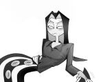2025 4_fingers animal_humanoid blush bodily_fluids clothing collared_shirt digital_drawing_(artwork) digital_media_(artwork) dress_shirt earless fingers greyscale hair hand_on_hip hand_on_tail hazbin_hotel humanoid ima91225 impatient long_hair looking_away monochrome noseless pupils pursed_lips reclining reptile reptile_humanoid scalie scalie_humanoid shirt signature sir_pentious_(hazbin_hotel) slit_pupils snake_hood snake_humanoid striped_body stripes sweat swinging_tail tail topwear watermark