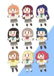  ahoge black_hair blonde_hair blue_background blue_hair bow bowtie brown_hair cardigan chibi everyone green_necktie grey_hair hair_bun hair_ornament highres kunikida_hanamaru kurosawa_dia kurosawa_ruby long_hair long_sleeves love_live! love_live!_sunshine!! matsuura_kanan miyako_hito multiple_girls necktie ohara_mari orange_hair pantyhose pleated_skirt ponytail red_bow red_bowtie red_hair sakurauchi_riko school_uniform serafuku short_twintails simple_background skirt socks takami_chika thighhighs tsushima_yoshiko twintails uranohoshi_school_uniform watanabe_you wavy_hair white_background winter_uniform yellow_bow yellow_bowtie 