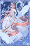 1girl absurdly_long_hair absurdres animal artist_request back_bow back_ribbon backless_dress backless_outfit bare_shoulders bird blue_background bow chinese_commentary closed_eyes commentary_request dress elbow_gloves english_commentary expressionless feather_hair_ornament feathers fish flower from_behind full_body gloves gown hair_ornament head_tilt highres long_dress long_hair mixed-language_commentary nikki_(nikki) nikki_(series) outside_border oversized_animal parted_lips picture_frame pink_hair pleated_dress ribbon rose second-party_source shoulder_blades single_hair_intake skirt_hold solo standing swan very_long_hair water white_bow white_dress white_flower white_gloves white_rose yellow_ribbon 